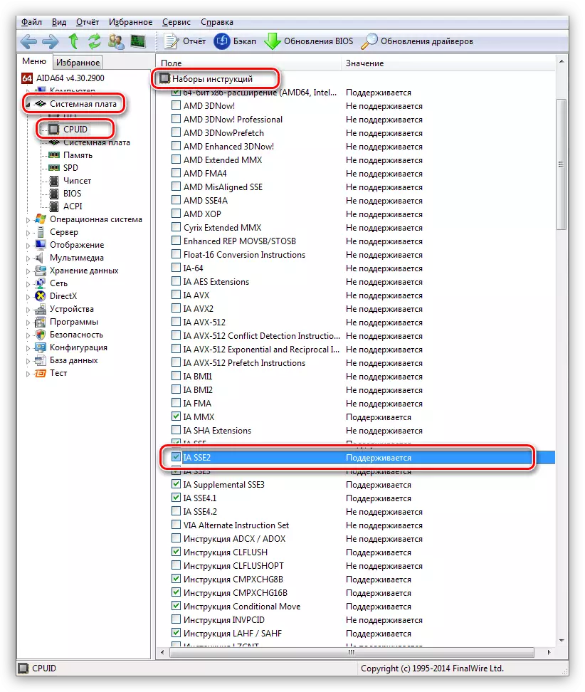Aida64 में प्रोसेसर द्वारा समर्थित निर्देशों की सूची