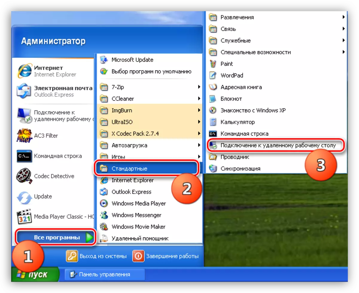 Vaihda etätyöpöydän liitäntään Windows XP: n Käynnistä-valikosta