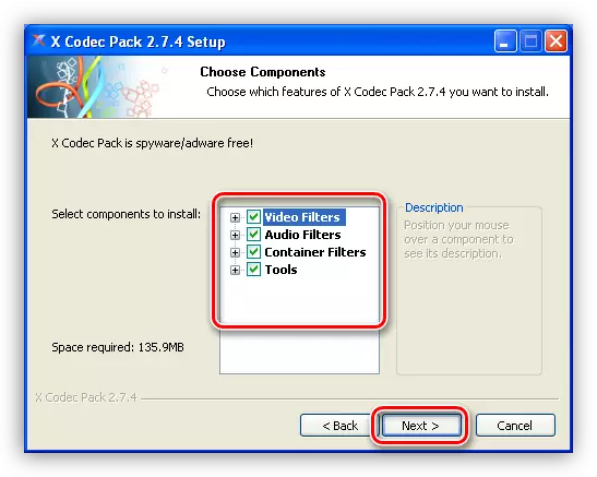 Vyberte komponenty XP CODEC Pack pro instalaci v systému Windows XP
