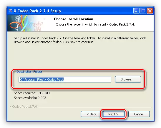 Избирање на папка за инсталирање на XP Codec Pack во Windows XP