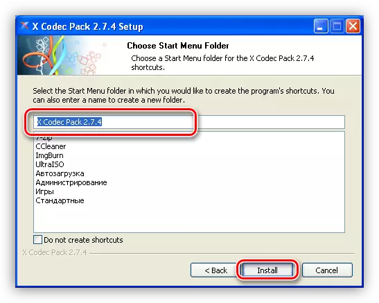 Zabi babban fayil a farkon menu don shigar da Kunshin Codec Codec a Windows XP