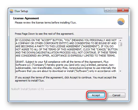 Confirmar l'acord de llicència a la finestra F.lux instal·lació a Windows 7