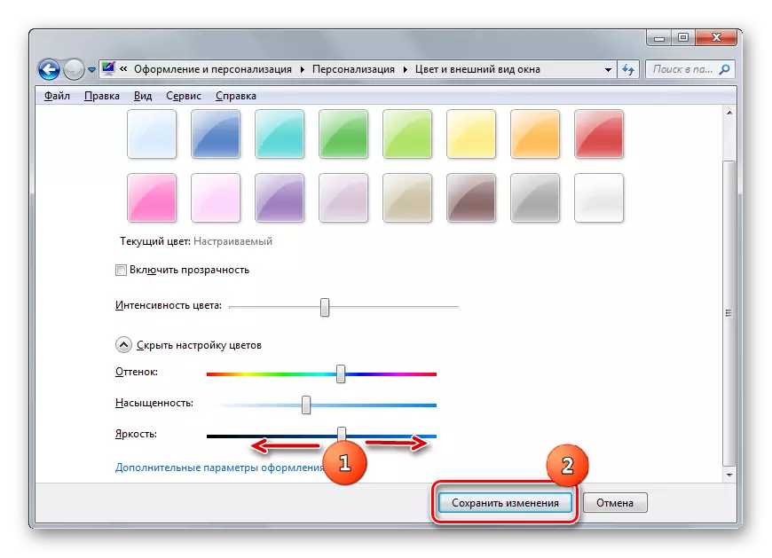 Zmena nastavení jasu v časti Zmena farby okien okien, štart menu a panel úloh v systéme Windows 7