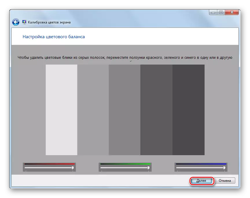 Kleurbalansinstellingsvenster in die skermkalibrasie venster in Windows 7