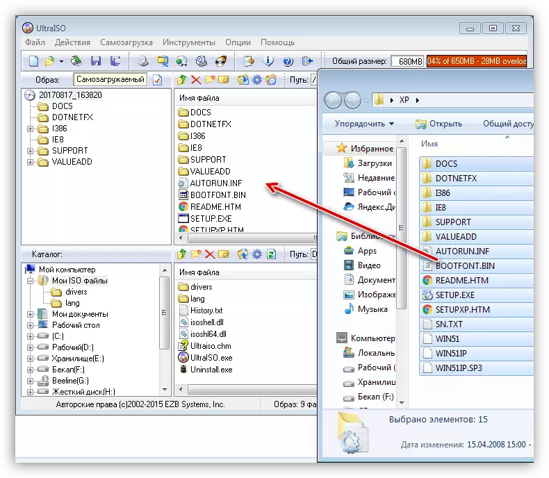Copie os arquivos de instalação do Windows XP para o espaço de trabalho Ultra ISO
