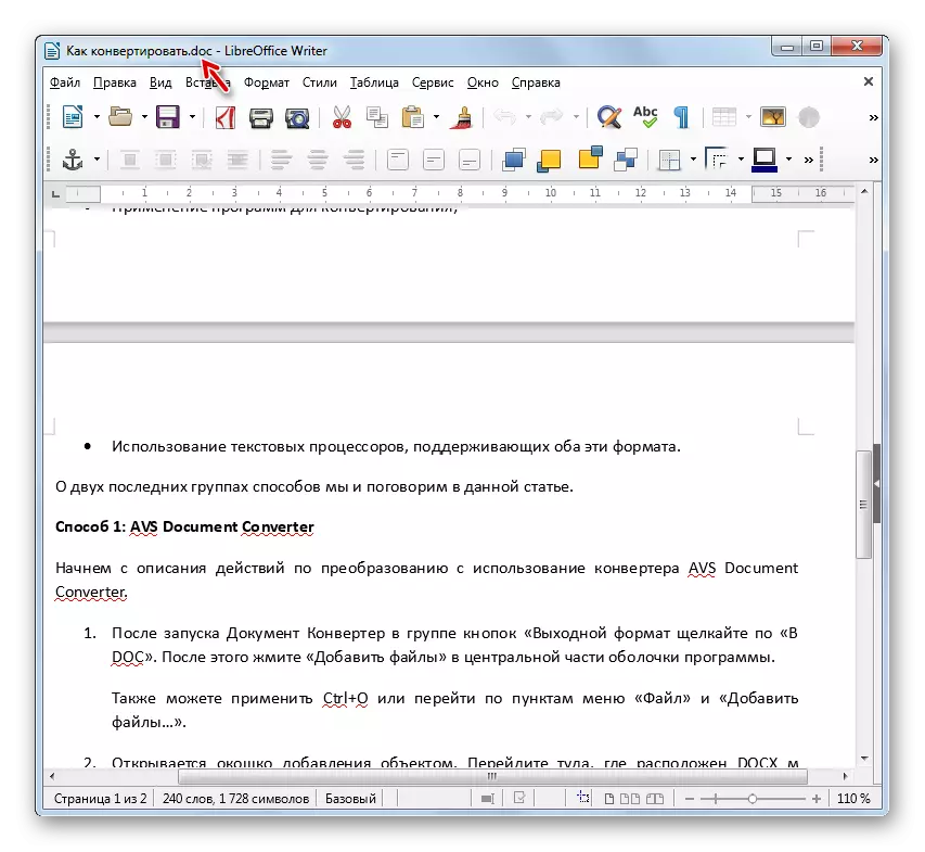 O ficheiro convértese en formato doc en LibreOffice Writer