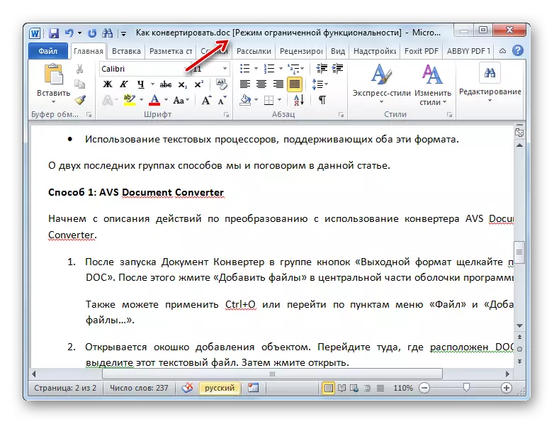 Filen konverteres til DOC-format i Microsoft Word