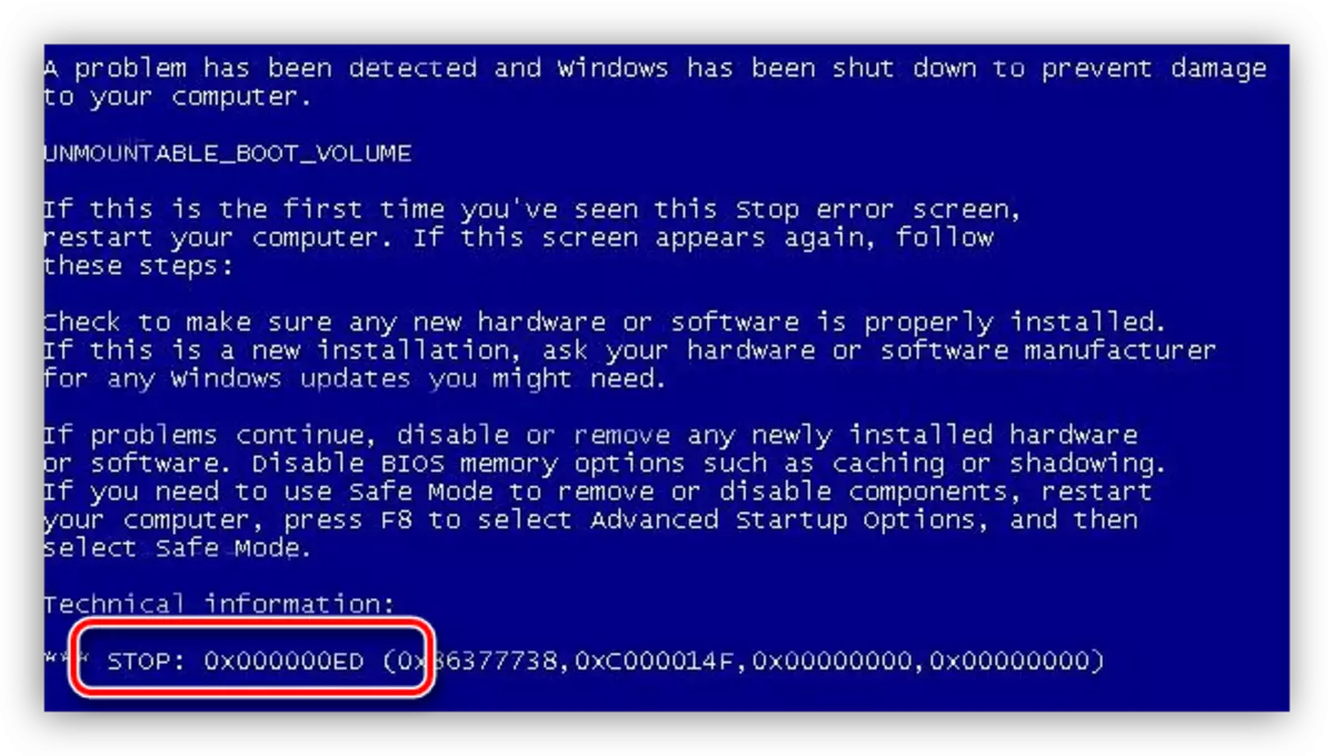 Blå skjerm av død med en feilkode 0x00000000ED når du starter Windows XP-operativsystemet