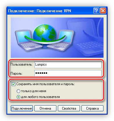 Cuir isteach an t-ainm úsáideora agus an focal faire chun ceangal le VPN i Windows XP