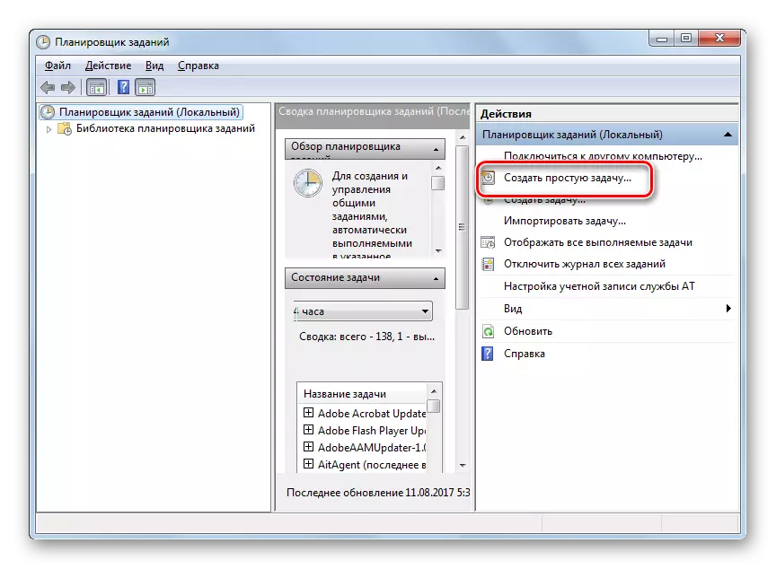 Overgang til opprettelsen av en enkel oppgave i oppgaven Scheduler i Windows 7