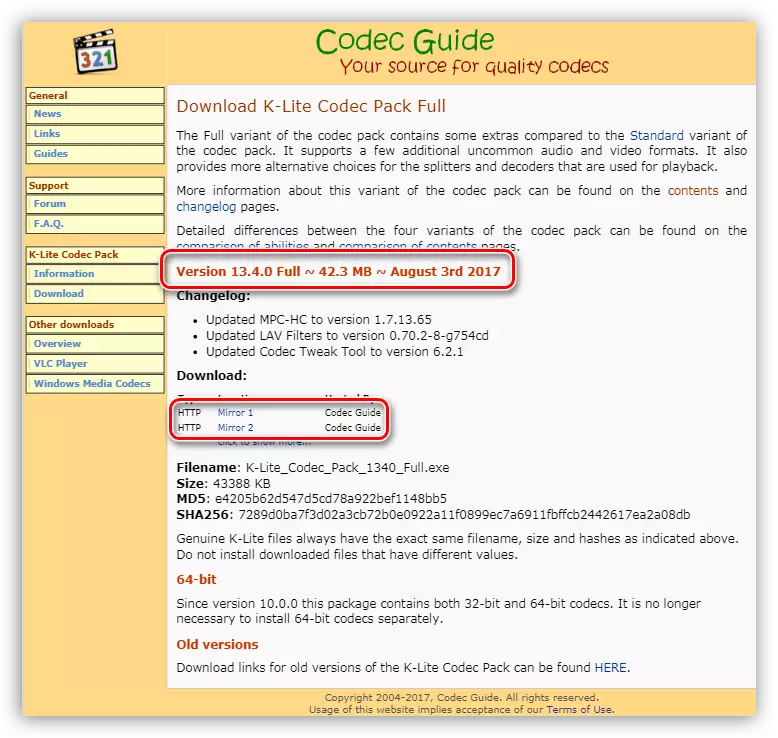 Page de chargement de la dernière version de K-Lite Codec Pack sur le site officiel des développeurs pour Windows XP