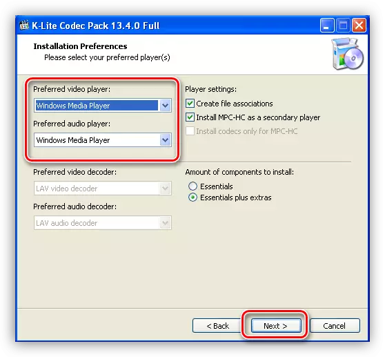 Windows XP- ի համար K-Lite Codec Pack- ի վերջին տարբերակը տեղադրելիս ընտրելով լռելյայն մեդիա նվագարկիչը