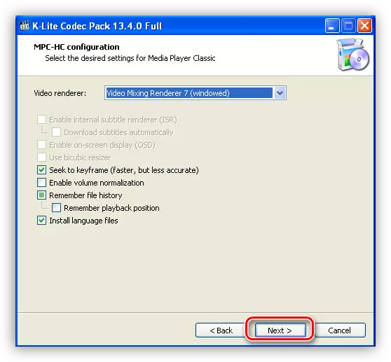 Լռելյայն պարամետրերը Windows XP- ի համար K-Lite Codec Pack- ի վերջին տարբերակը տեղադրելիս