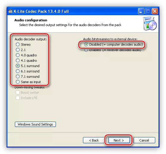 Windows XP- ի համար K-Lite կոդեկի փաթեթի վերջին տարբերակը տեղադրելիս համակարգի ընտրություն եւ սարքի ընտրություն