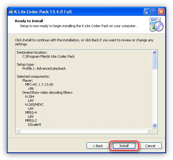 Windows XP- ի համար ընտրված պարամետրերով տեղեկատվական պատուհանը Windows XP- ի համար K-Lite կոդեկի փաթեթի վերջին տարբերակը տեղադրելիս