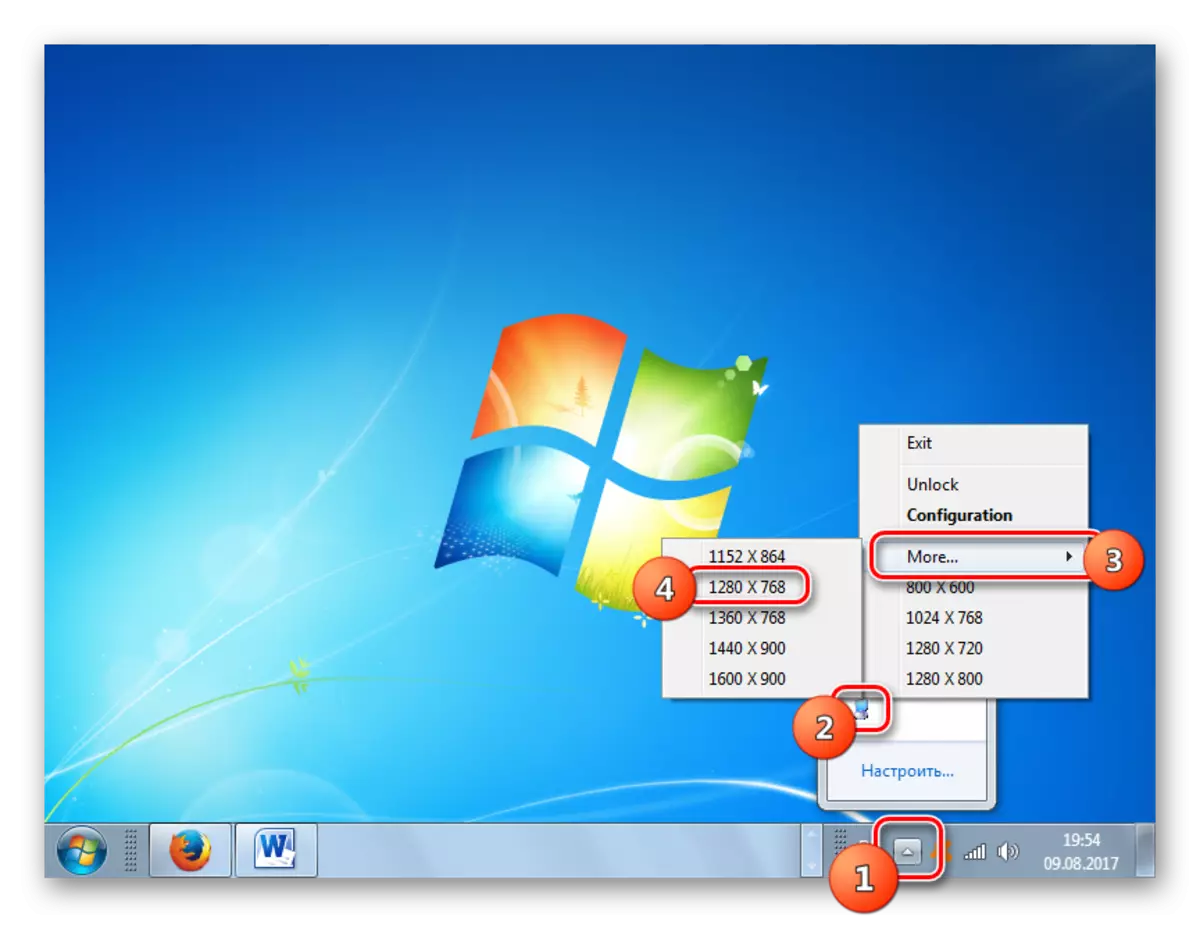 Chanje rezolisyon an ekran PC via icon nan plato nan pwogram nan ekran manadjè rezolisyon nan Windows 7