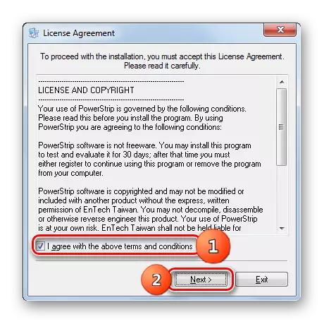 Prijatie licenčnej zmluvy v inštalačnom okne programu Powerstrip v systéme Windows 7