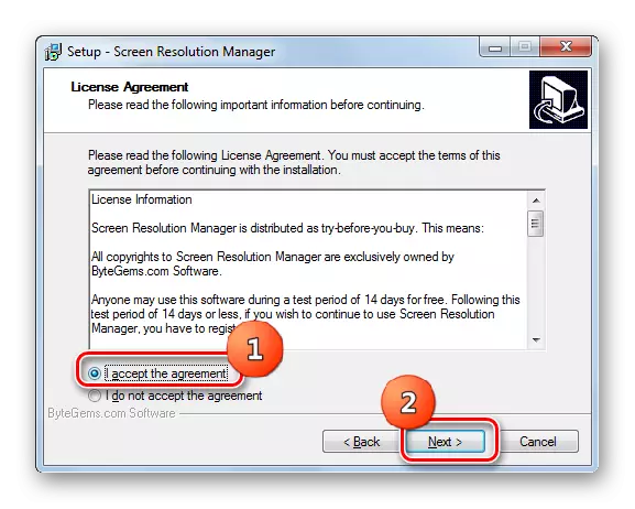 Konfirmimi i marrëveshjes së licencës në instaluesin e programit të menaxherit të rezolutës në Windows 7