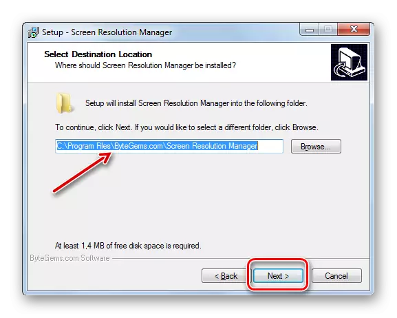 Finestra che specifica la posizione del file eseguibile nel programma di installazione del gestore della risoluzione dello schermo in Windows 7