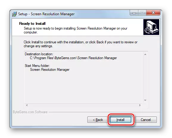 Starte installasjonen av programmet i skjermoppløsningsbehandlingsinstallatøren i Windows 7