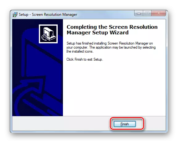Ўстаноўка прыкладання паспяхова выканана ва ўсталёўшчыку праграмы Screen Resolution Manager ў Windows 7