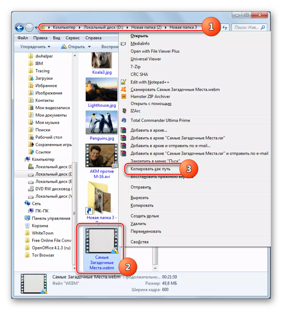 Windows 탐색기의 상황에 맞는 메뉴를 통해 WebM 파일로 경로 복사