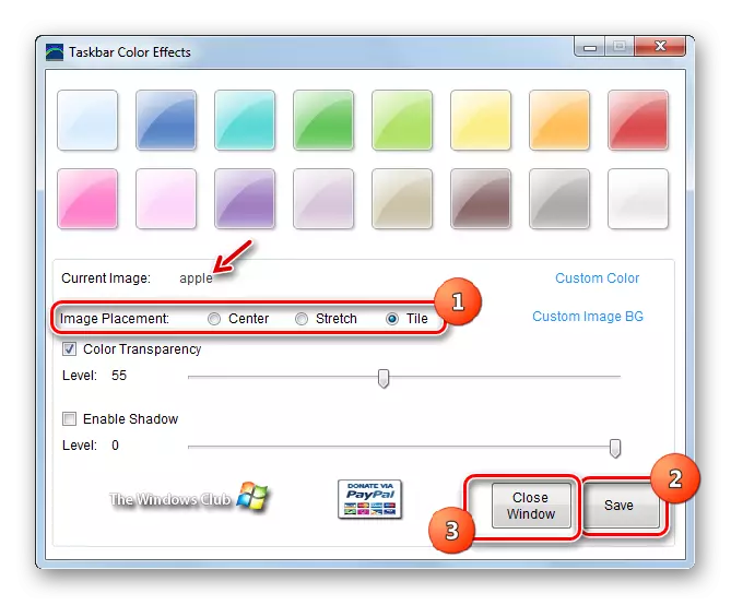 Positioning Settings Pictures on the taskbar in the Taskbar Color Effects program in Windows 7