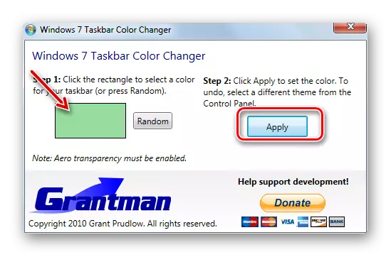 ການຕິດຕັ້ງສີທີ່ເລືອກໄວ້ສໍາລັບແຖບວຽກຢູ່ໃນໂຄງການປ່ຽນສີ Treambar Colorge ໃນ Windows 7
