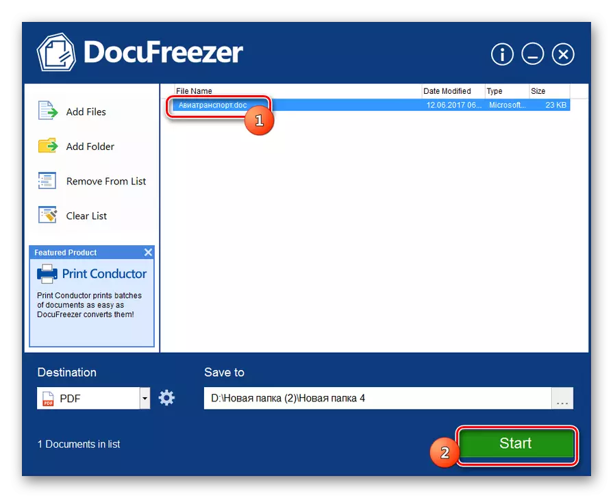 Rularea procedurii de conversie DOC în PDF în programul DocuFreezer