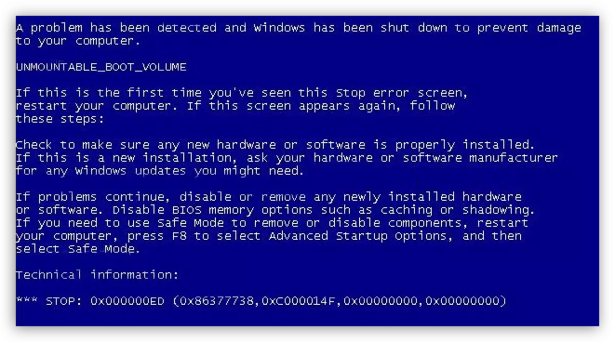 Сіні экран смерці з кодам памылкі 0х000000ED ў аперацыйнай сістэме Windows XP