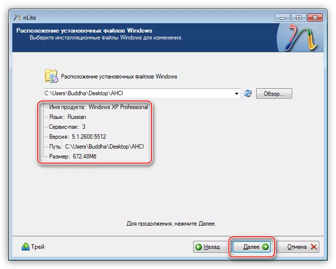 Inpormasi ngeunaan sistem operasi Windows XP dina program NLite nalika negeskeun supir dina distribusi éta