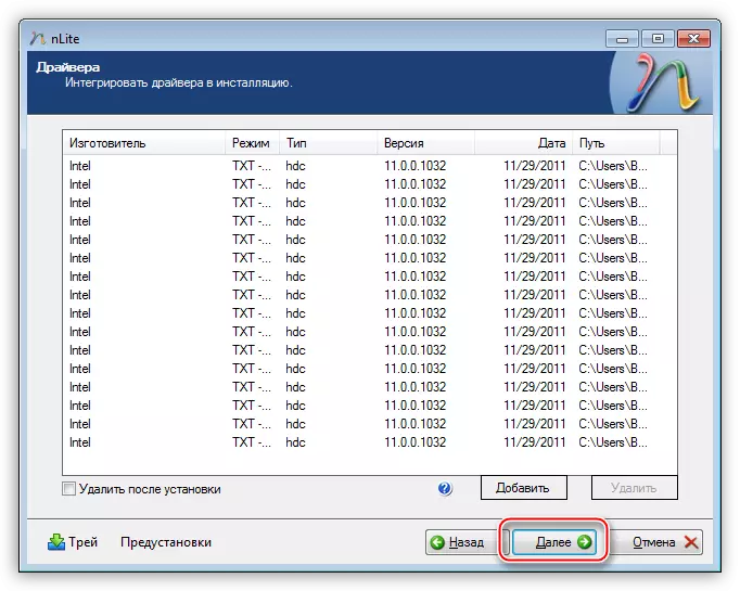 Prozor sadrži informacije o odabranom datoteke u program nLite integrirati vozače na distribuciju Windows XP operativni sistem