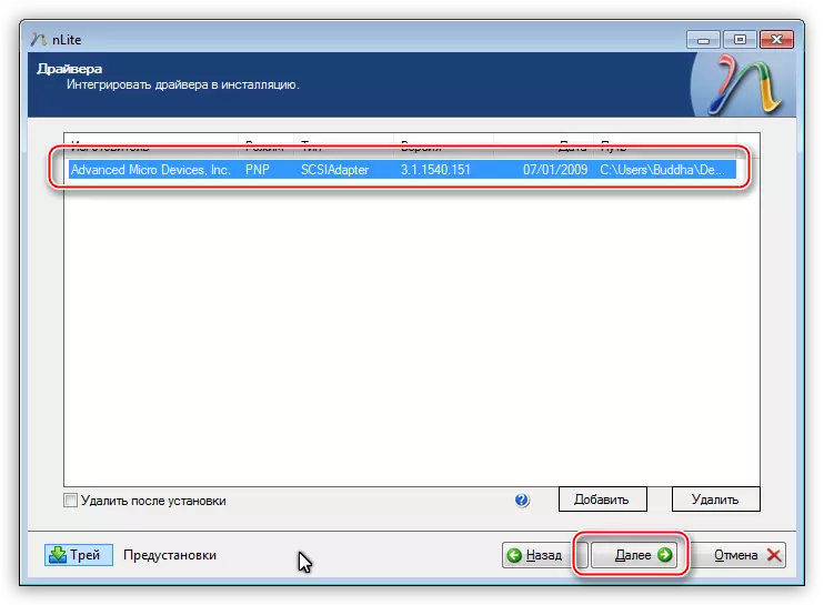 Prozor sadrži informacije o odabranom datoteke u program nLite integrirati AMD vozače da distribucija operativnog sistema Windows XP
