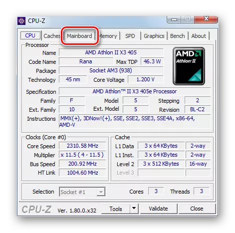 Ga naar het tabblad Hoofdbord in het CPU-Z-programma in Windows 7