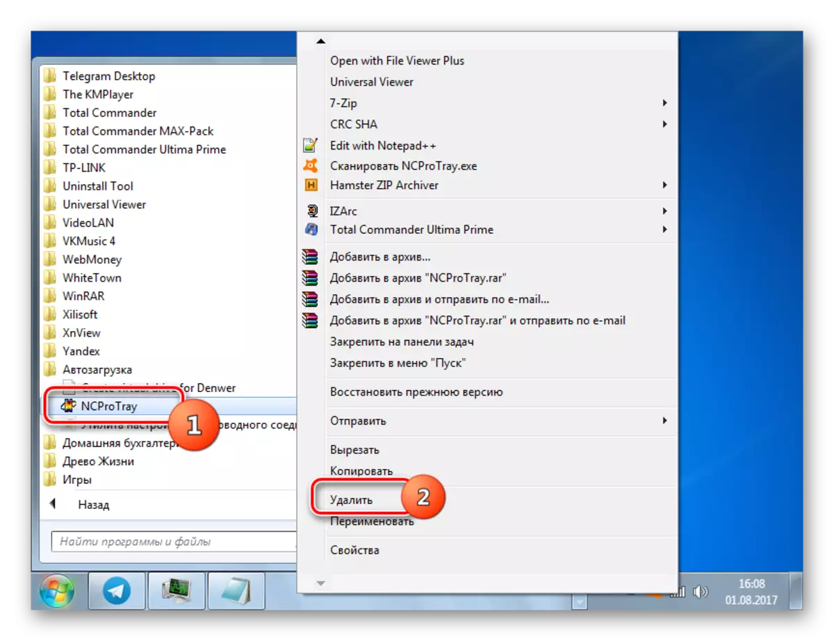 Pergi untuk menghapus pintasan program dari folder Startup melalui menu konteks di menu Mulai di Windows 7