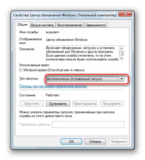 Jendela Properti Layanan di Manajer Layanan di Windows 7
