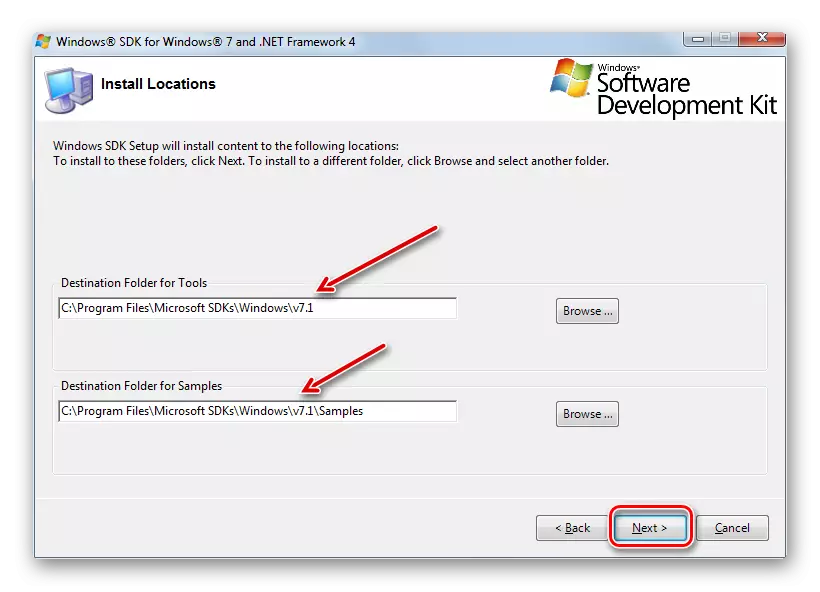 Tentukan direktori instalasi paket utilitas di jendela Pemasang Windows SDK di Windows 7