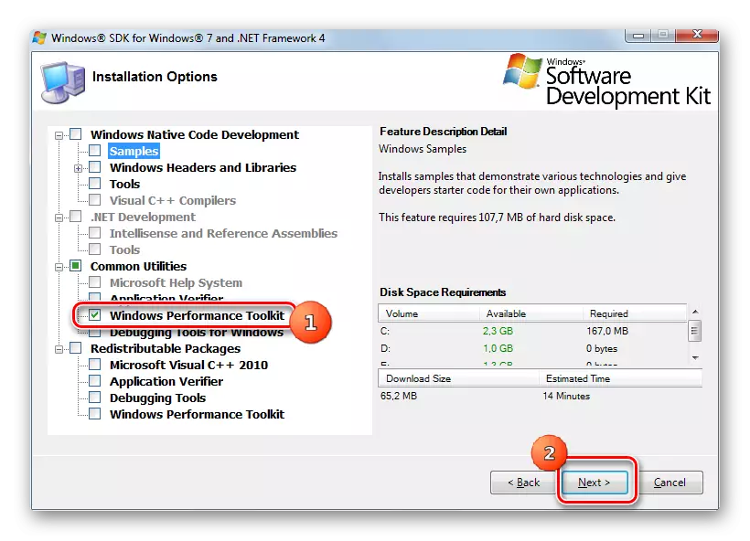 Selekti la Utililon pri Windows Performance Toolkit por instali en la fenestro Windows SDK-instalilo en Vindozo 7
