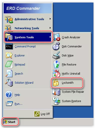 Välj låssmith-verktyget i System Tools-sektionen i ERD Commander-programmet för att återställa kontotlösenordet i operativsystemet Windows XP