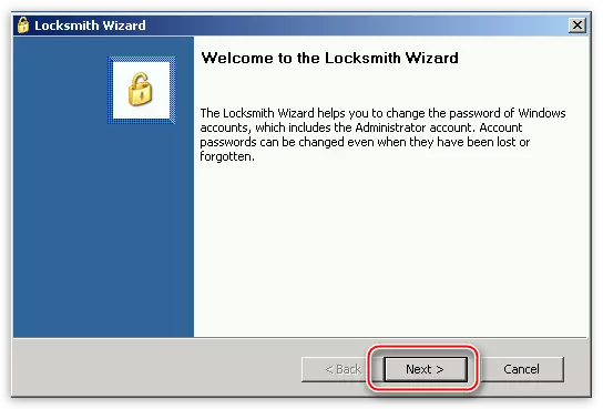 विंडोज एक्सपी ऑपरेटिंग सिस्टम में खाता पासवर्ड रीसेट करने के लिए ईआरडी कमांडर प्रोग्राम में लॉकस्मिथ यूटिलिटी की मुख्य विंडो