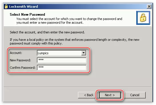 Masukkan dan sahkan kata laluan akaun baru dalam Program Komander ERD dalam sistem operasi Windows XP