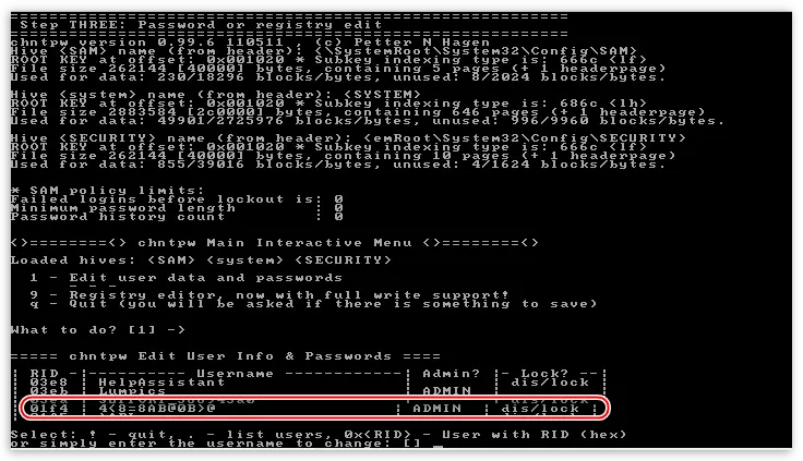 Transición á edición do contrasinal do administrador no contrasinal de NT Offline NT e Utility Editor para restablecer o contrasinal en Windows XP