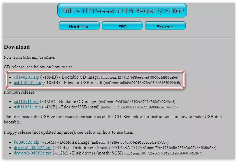 Länk för att ladda ner versioner av Offline NT Password & Registry Editor för en CD och Flash-enhet