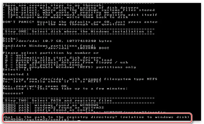 Selección de una carpeta con los archivos de registro en la sección del sistema en la utilidad Offline NT Passward & Registry Editor para restablecer la contraseña en Windows XP