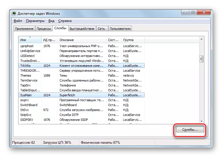 Overgang naar Services Manager van Taakbeheer Venster in Windows 7