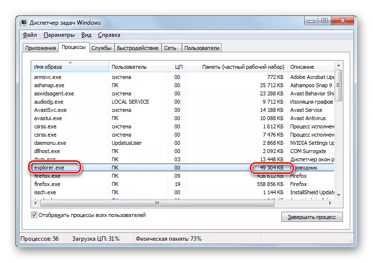 RAM-grandeco okupita de la procezo Explorer.exe en la Windows 7 Task Manager