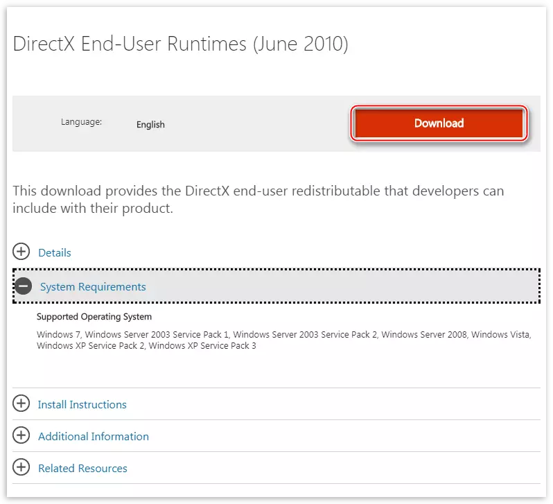 Scarica la versione completa del programma di installazione DirectX Ambiente per l'utente finale sul sito ufficiale di Microsoft