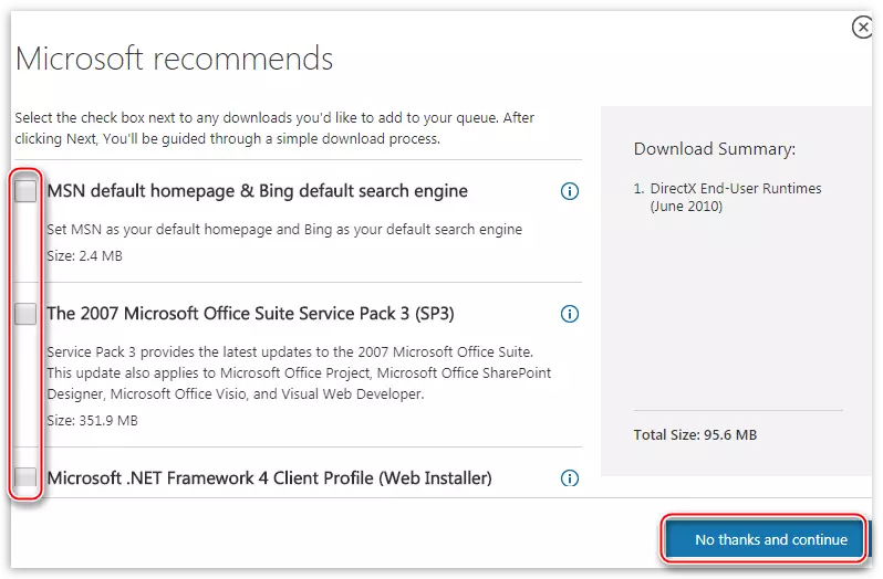 Odbijanje za preuzimanje dodatnog softvera na stranici za preuzimanje pune verzije DirectX okruženja za krajnji korisnik