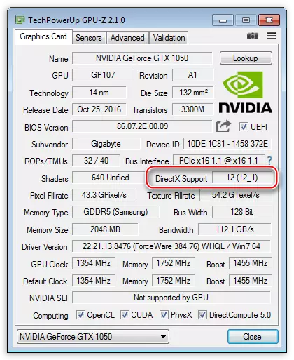 Información sobre a versión de tarxeta de vídeo compatible máxima da biblioteca DirectX no programa GPU-Z