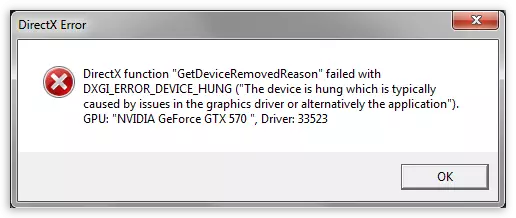 Caixa de diálogo cunha mensaxe de erro DirectX causada por unha tarxeta de vídeo inestable